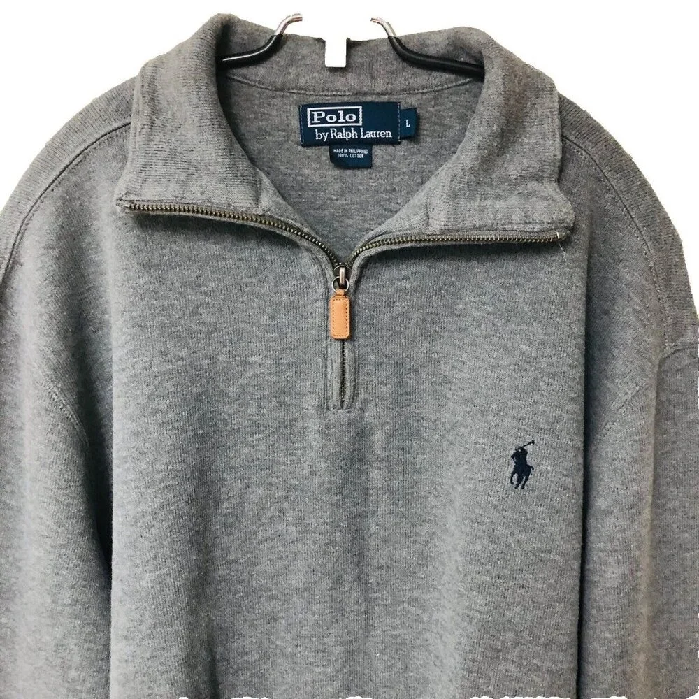 Polo Ralph‎ Lauren Gray 1/4 Zip Pullover Sweater Men's L Pony Leather Pull Dad